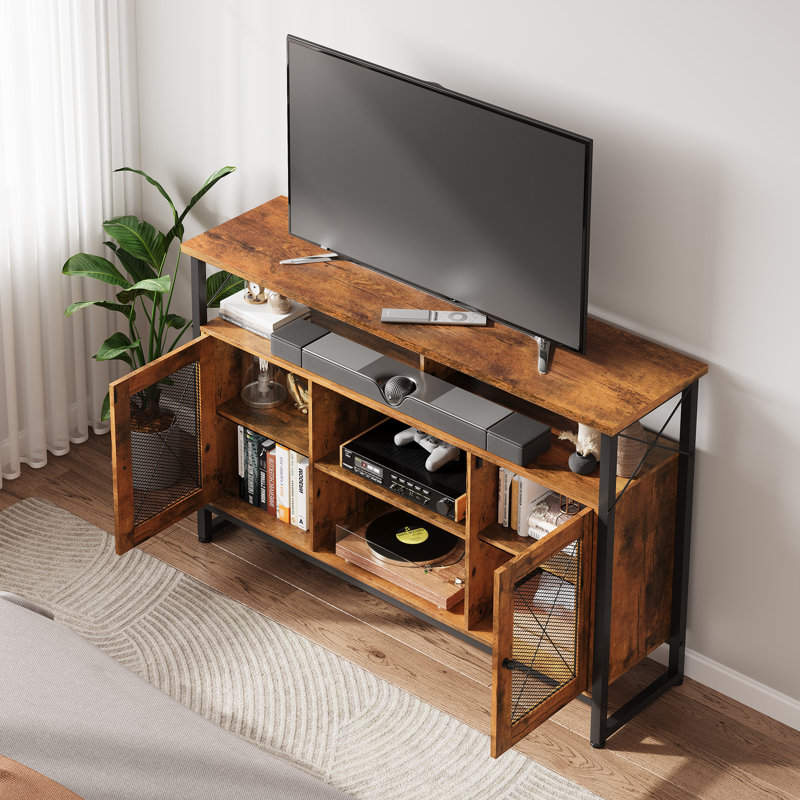 Meuble télé pour téléviseur de 55 po ou moins avec tablettes ouvertes Laly, meuble de divertissement industriel l 50,4 po avec armoires de rangement et tablettes réglables, console multimédia moderne avec cadre en métal pour le salon et la chambre à coucher