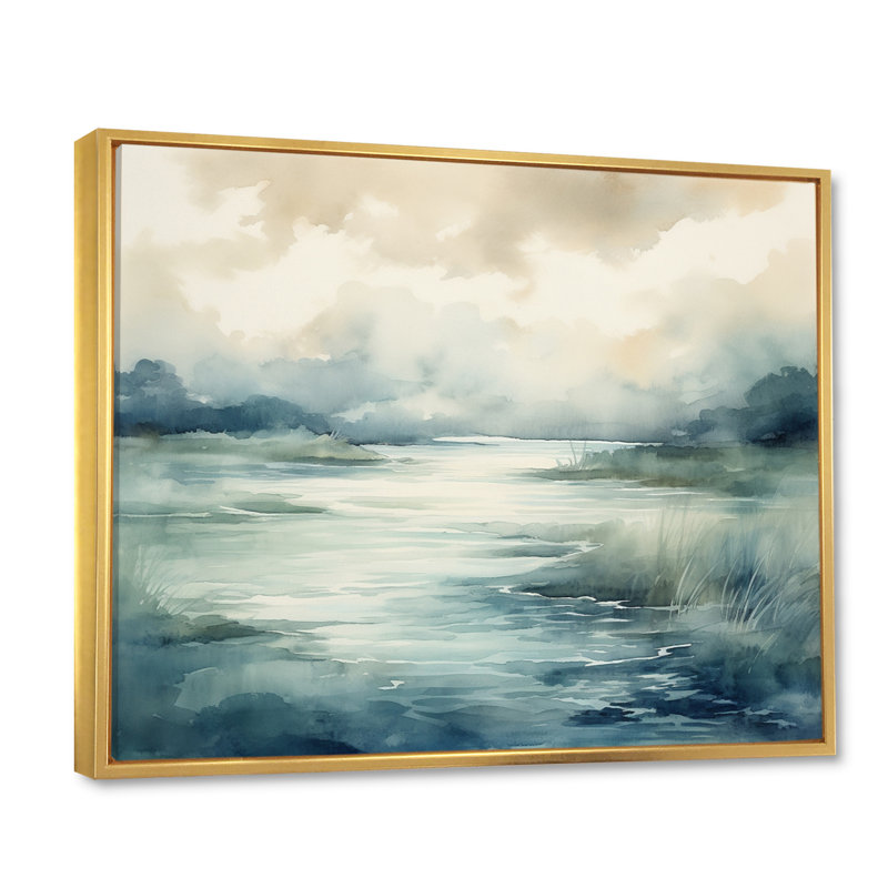 «Misty Lake Serenity», aquarelle rétro sur toile, H 16 po x l 32 po, Cadre flottant doré