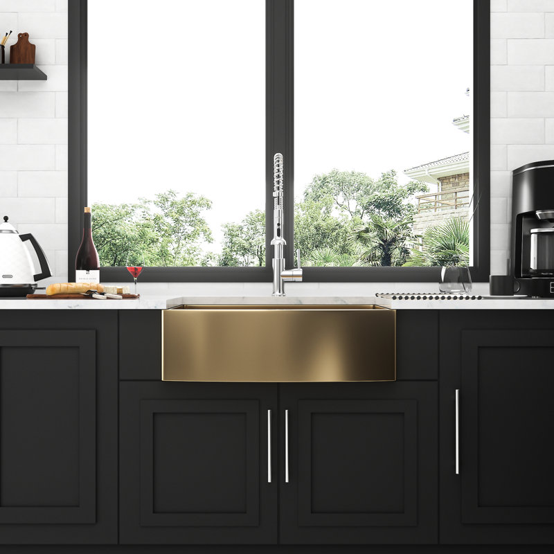 36" Gold Sink - Stainless Steel 16 Gauge. And Hygienic. Pot Bowl Bump. No Build-Up. R10 Rounded Corner Design. Includes Sink, Rack, Bottom Grid, Installation Clips, Strainer Drain, Manual Gauge