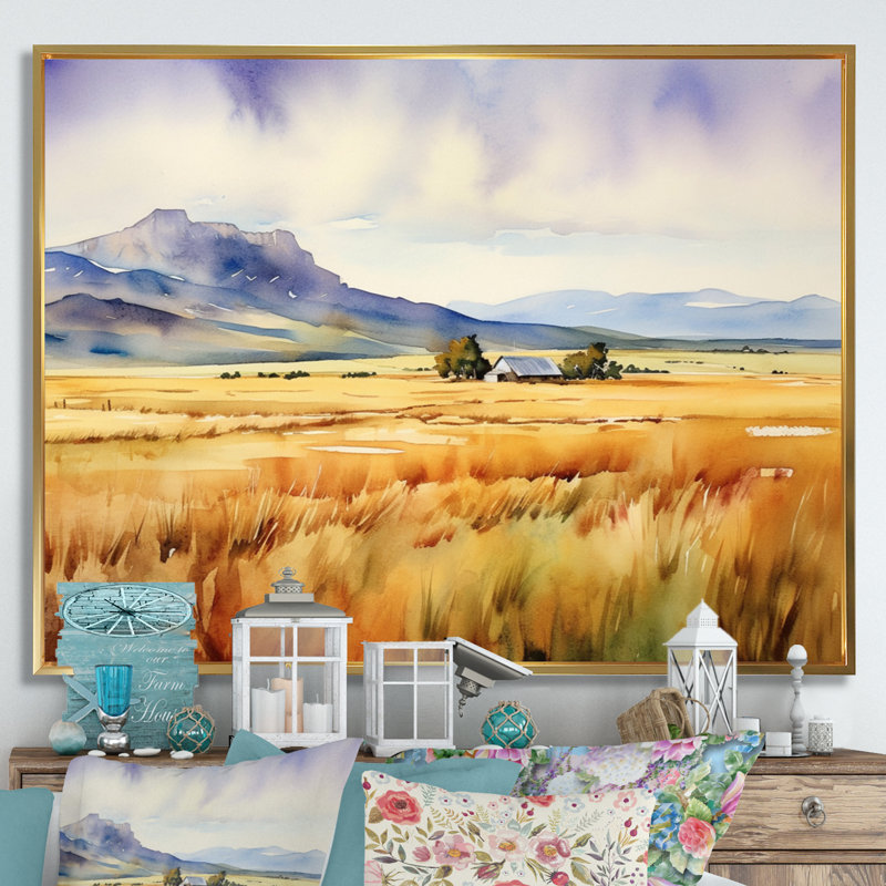 Wyoming, prairies jaunes - art mural Wyoming, H 34 po x l 44 po x P 1,5 po, Cadre flottant doré