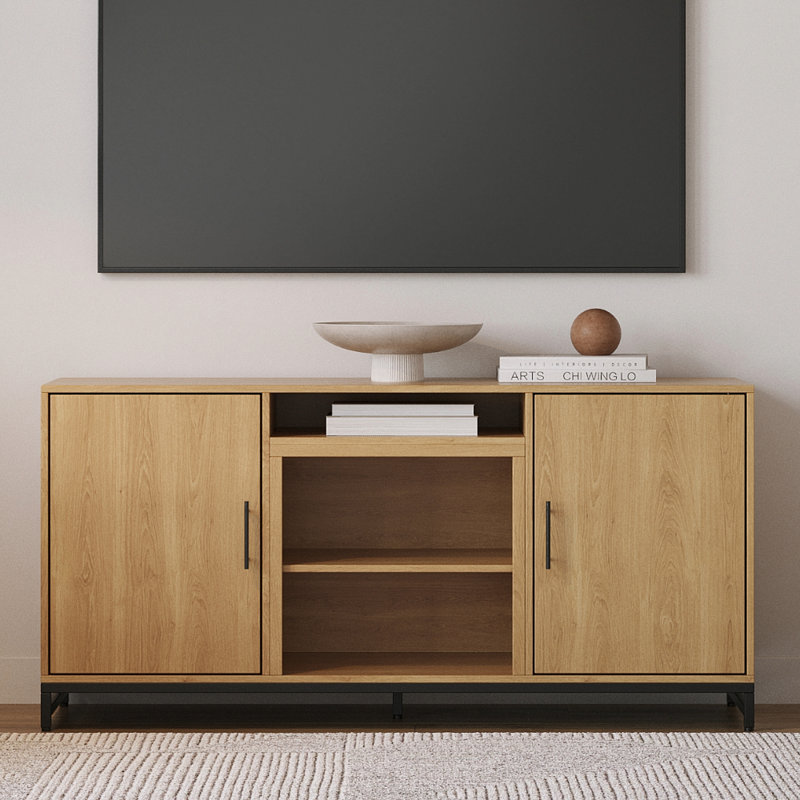 Modern Ember Rochester TV Stand in White Oak - Holds 60" TVs, 2 Cabinets, 3 Adjustable Shelves