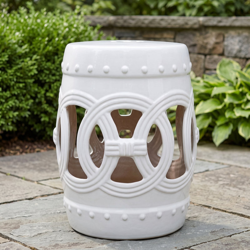 Tabouret de jardin en céramique, tabouret décoratif 14 po x 17 po, tabouret décoratif d'extérieur blanc, White