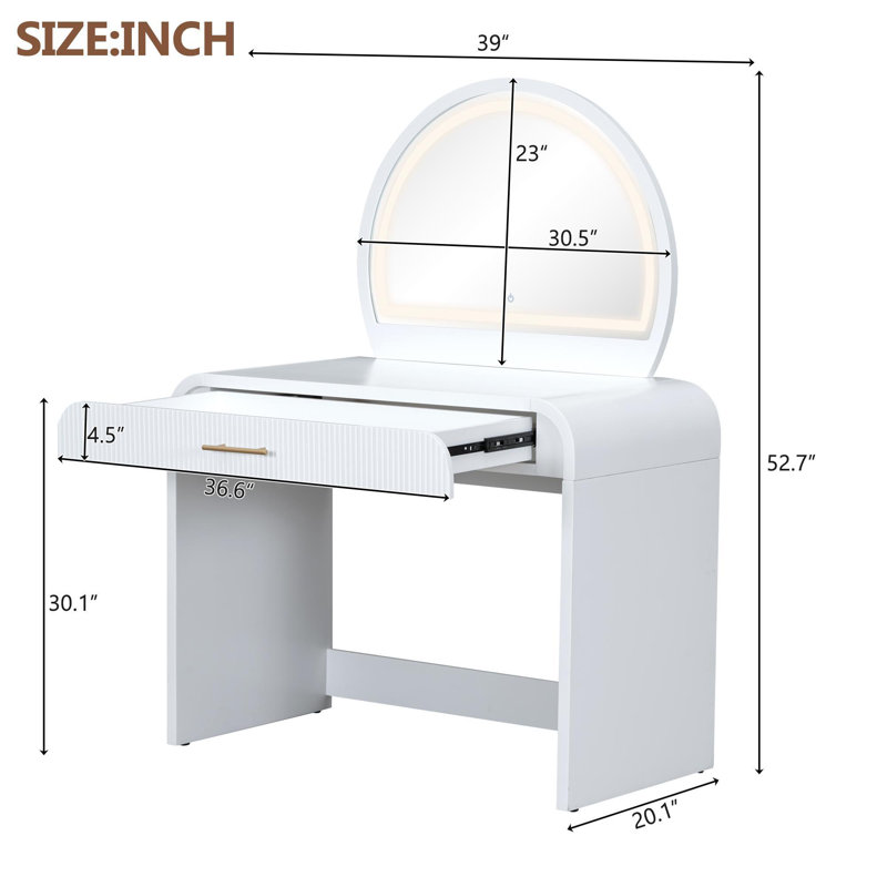 Coiffeuse de 39 po avec miroir et écran tactile, coiffeuse et tiroir pour chambre à coucher, blanc