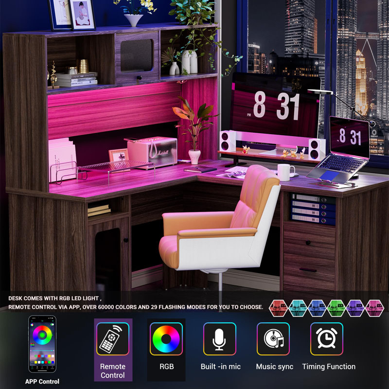 Black L-Shaped Executive Desk with Hutch and Power Outlet