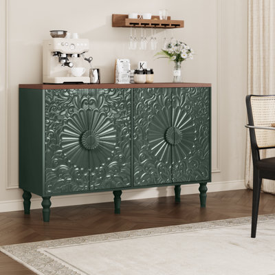 46.5" Wide 4-Door Sideboard Buffet Cabinet with Retro Floral Embossed Design and Wooden Top, Green