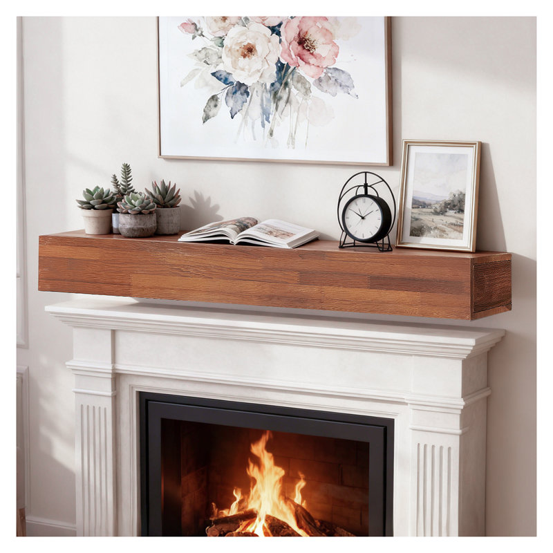 72'' Rustic Wood Fireplace Mantel - Solid Wood Wall-Mounted Floating Shelf for Living Room Home Decor, Light Brown