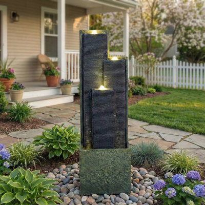 Modern Cascading Freestanding Outdoor Water Fountain With LED Lights For Garden And Patio Decor