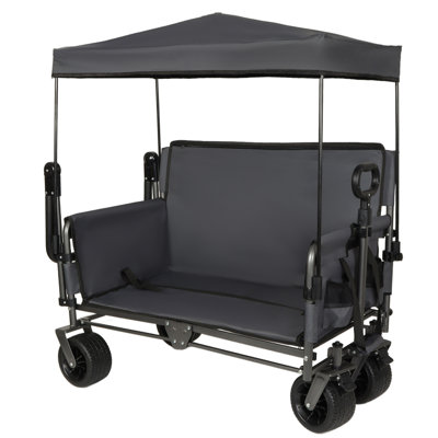 3-in-1 Folding Wagon Cart with Bench Seat & Canopy & Storage, 500lbs Heavy-Duty, 180L Capacity, All-Terrain Wagon for Camping, Beach, Sports, & Garden, Gray