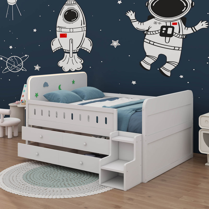 Full Size Bed With LED Light, Storage Drawers, White