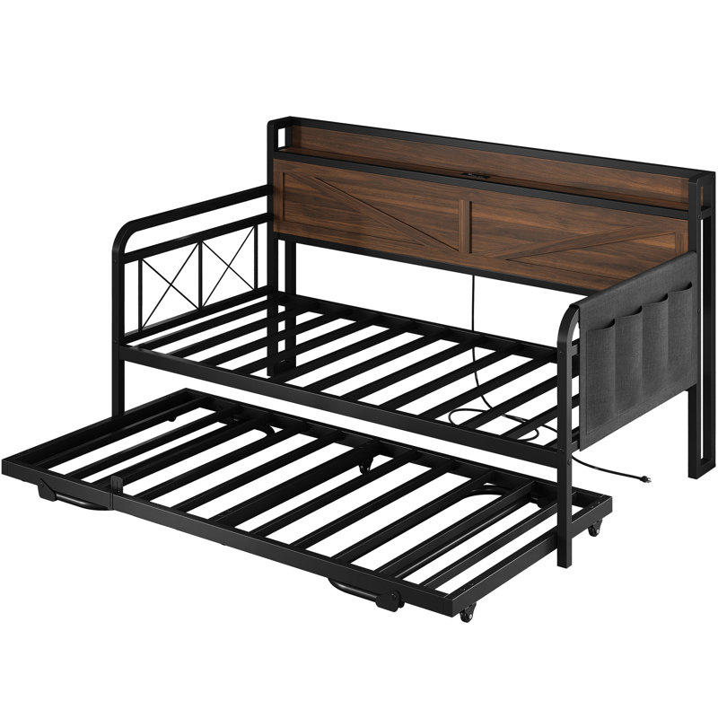 Twin Daybed with Pop Up Trundle, Storage Headboard and Charging Station, Strong Support, Walnut, Walnut