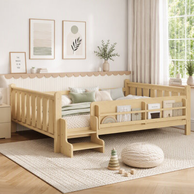 Lit en bois Montessori avec étagères et garde-corps