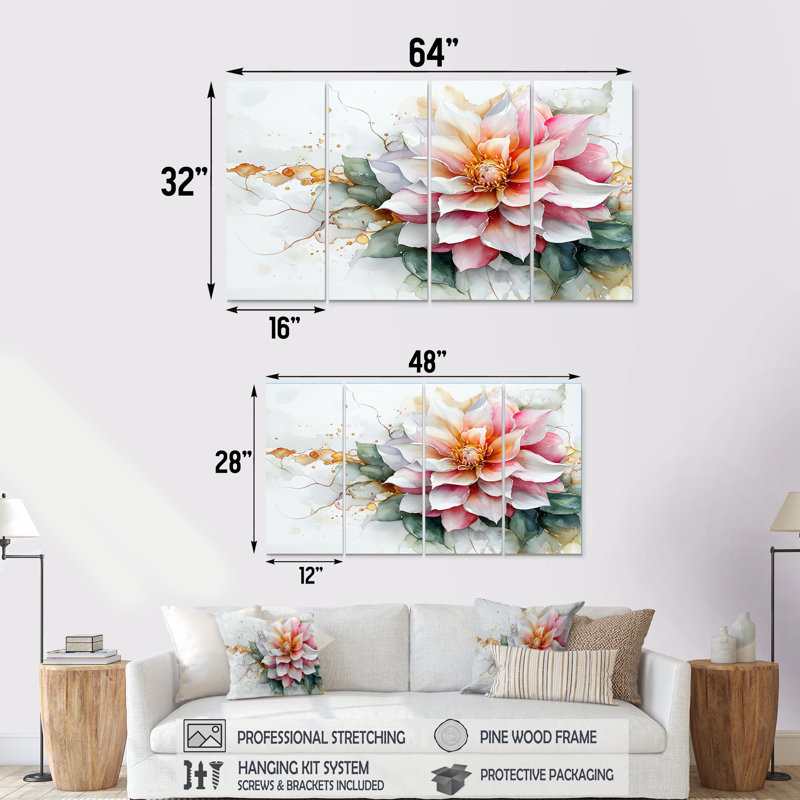 «Modern Dahlia Spring Muse II», art mural Dahlia - ensemble d'art mural traditionnel, H 28 po x l 48 po, 4