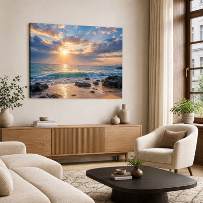 Print Canvas Wall Art, Ocean Beach Waves Mossy Rock Golden Sunset Sun Rays Vibrant Sky Coastal Living Room Wall Decor