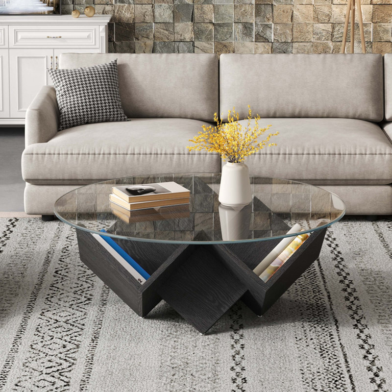 La table basse ronde avec plateau en verre et tablettes de rangement à motif géométrique abstrait Art Déco, 35,4 po