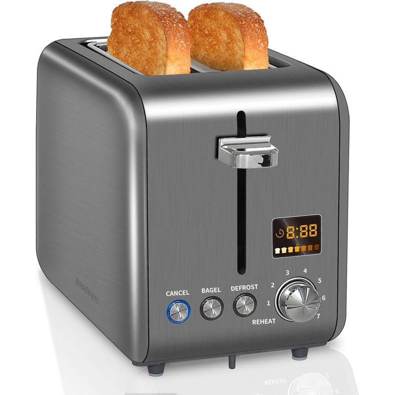 Toaster 2 Slice, Stainless Steel Bread Toaster LCD Display, 7 Bread Shade Settings, 1.4'' Wide Slots, Silver