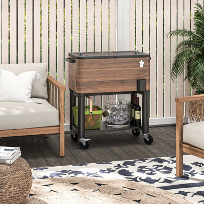 Outdoor Ice Chest - 60 Quart, Brown. Portable With Locking Wheels. Maintains Coolness For 36 Hours. Built-In Bottle Opener And Convenient Drainage Feature Cooler Cart 60Qt Highly Insulated To Keep