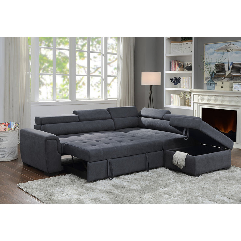 Haris 97" Dark Gray Fabric Sleeper Sofa Sectional With Adjustable Headrest And Storage Ottoman