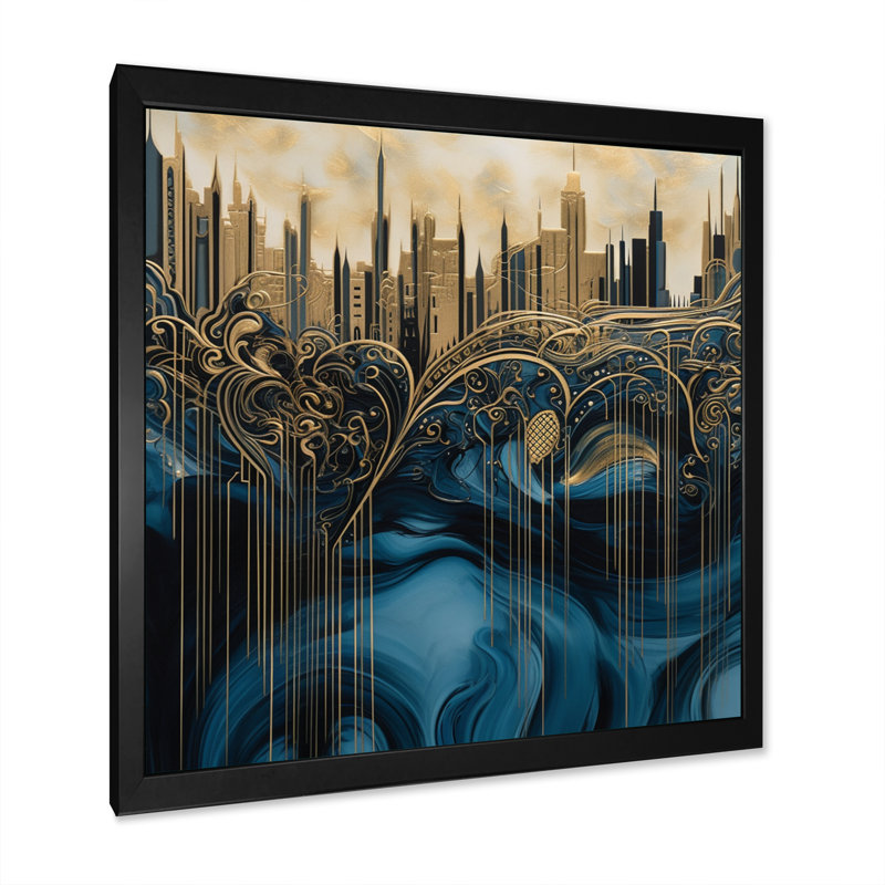 «Gold and Blue Urban Elegance I», reproduction sur toile encadrée, H 16 po x l 16 po x P 1 po, Cadre photo noir