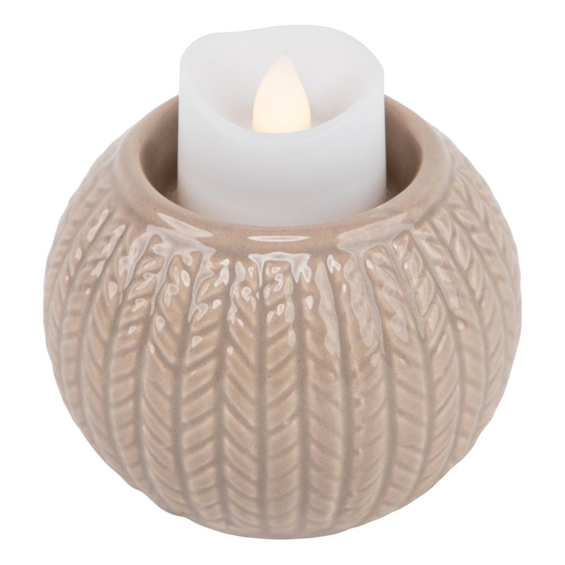 Porte-bougie de Noël en céramique tricoté, Beige, H 2,5 po x l 3,25 po x P 3,25 po
