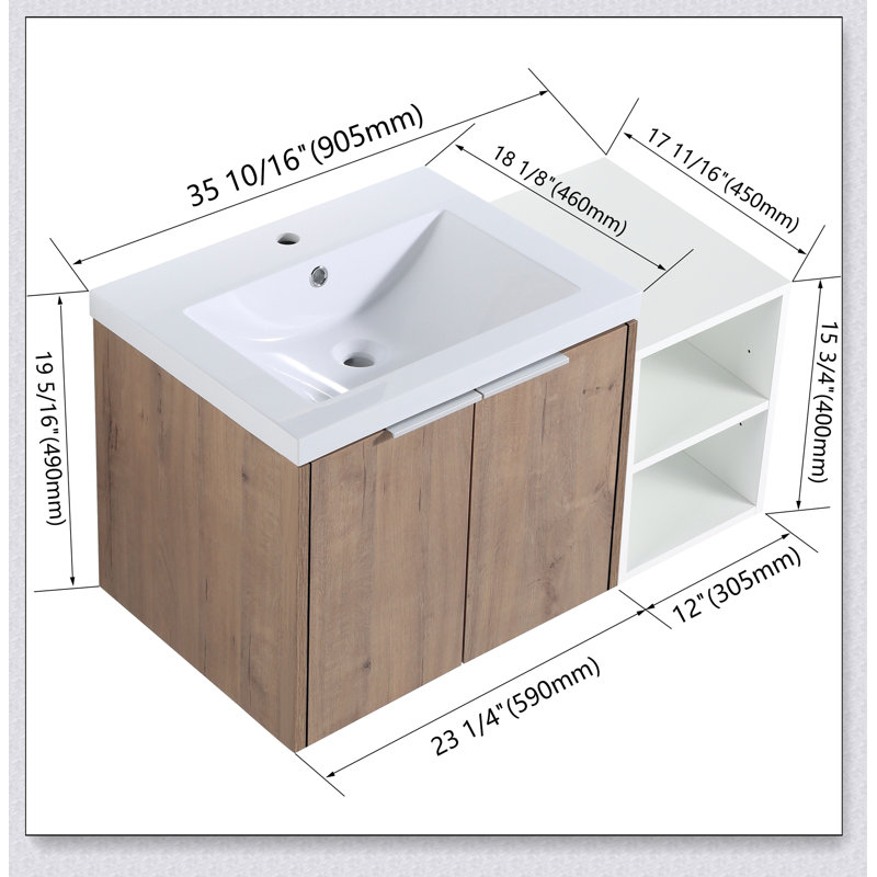 Meuble-lavabo à fermeture en douceur 36 po avec lavabo et petites tablettes de rangement