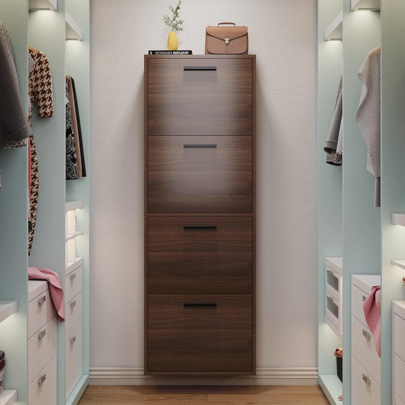 Latitude RunÂ® Shoe Cabinet , Wall Mounted Shoe Organizer With 4 Flip Drawers, 57.2" H x 27.6" W x 6.3" D, Walnut