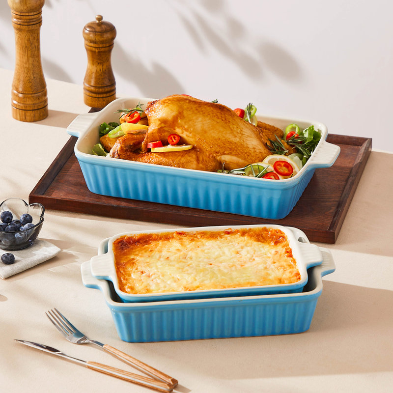 MALACASA Rectangle Porcelain China 3 Piece Au Gratin Dish Bakeware Set, Beige/Blue