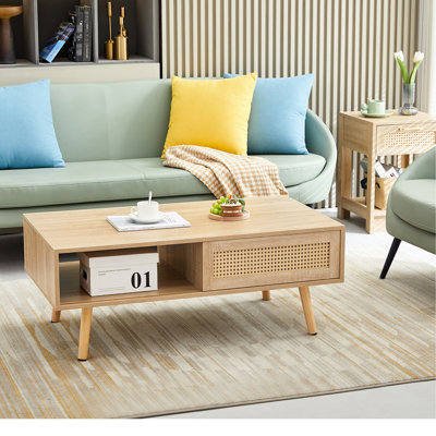 Table basse de 40,27 po avec pieds en bois massif, finition naturelle pour table de salon, porte coulissante pratique