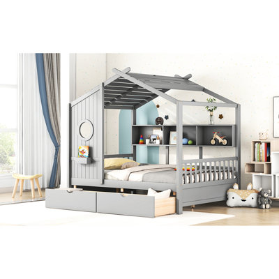 Gray, Full Size, Wooden Bed, Roof, 2 Storage Drawers, Shelf For Scarves, Comfortable Place To Sleep Shelf, Roof Design, Imaginative Play