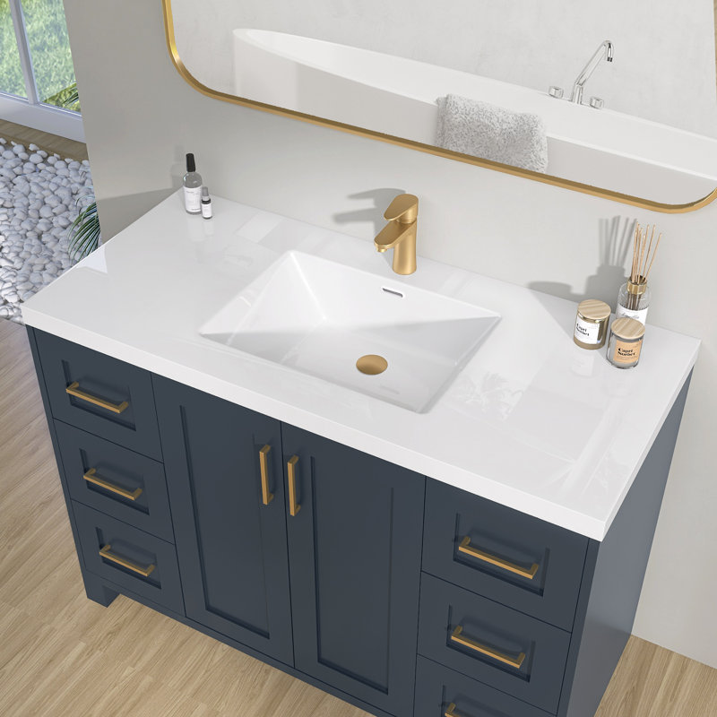 Plateau de meuble-lavabo à surface solide de 48 pouces avec lavabo intégré, comptoir transparent blanc brillant, imperméable et facile à installer
