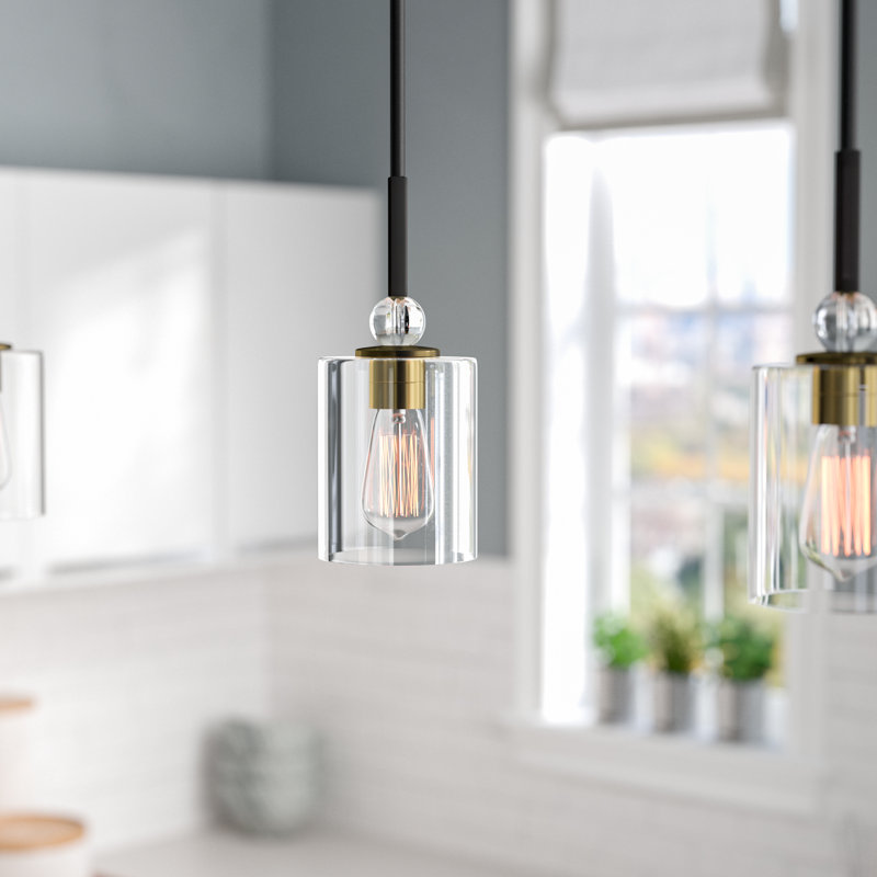 Ivy Bronx Friedman Clear Glass Pendant Light, 12.25" H x 5" W x 5" D, Painted Bronze/Natural Brushed Brass