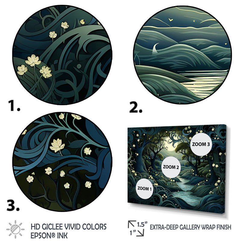 «Jungle River Collage At Night 2», art mural Jungle, Cadre flottant noir, H 16 po x l 32 po x P 1 po