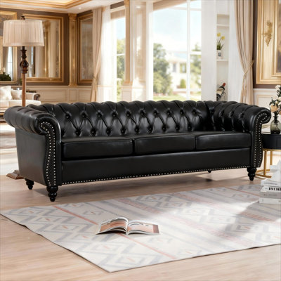 84" Classic Chesterfield Sofa, PU Leather Tufted 3-Seater Couch with Rolled Arms and Nailhead Trim