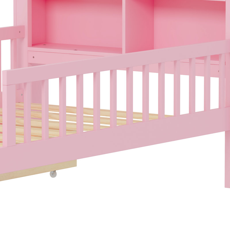 Fascinant lit simple rose avec garde-corps et espace de rangement, Rose