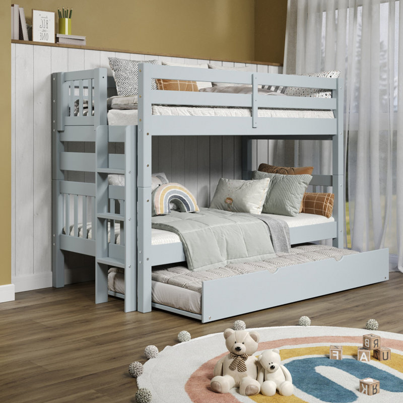 Treva Solid Wood Standard Twin over Twin Bunk Beds, 4 Step Ladder, Twin Trundle, Breezy Blue, Blue