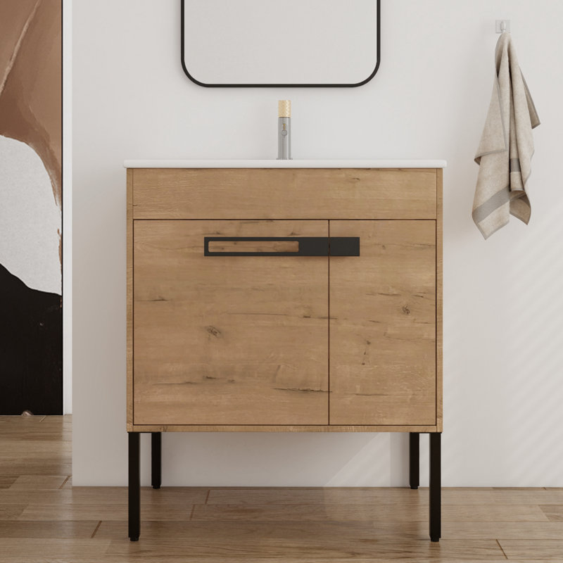 Meuble-lavabo simple 30,34 po avec plateau en céramique Crescencio, Chêne