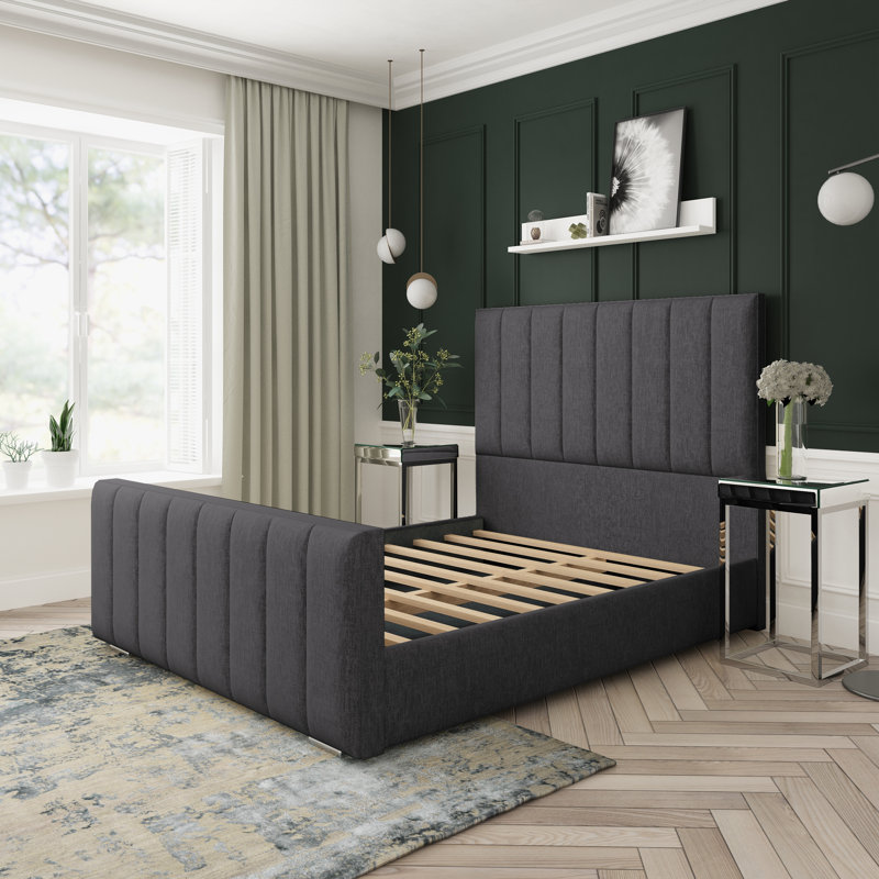 Luxury 8 Panel Chenille Wingback Bed Frame with Diamante Headboard, Small Single (2'6), Black