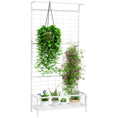 Tall Plant Stand with Trellis and Hanging Bar, Metal Plant Holder Flower Stand for Vine Climbing Plants Flowers Indoor Outdoor Use, 36" x 12.8" x 74"