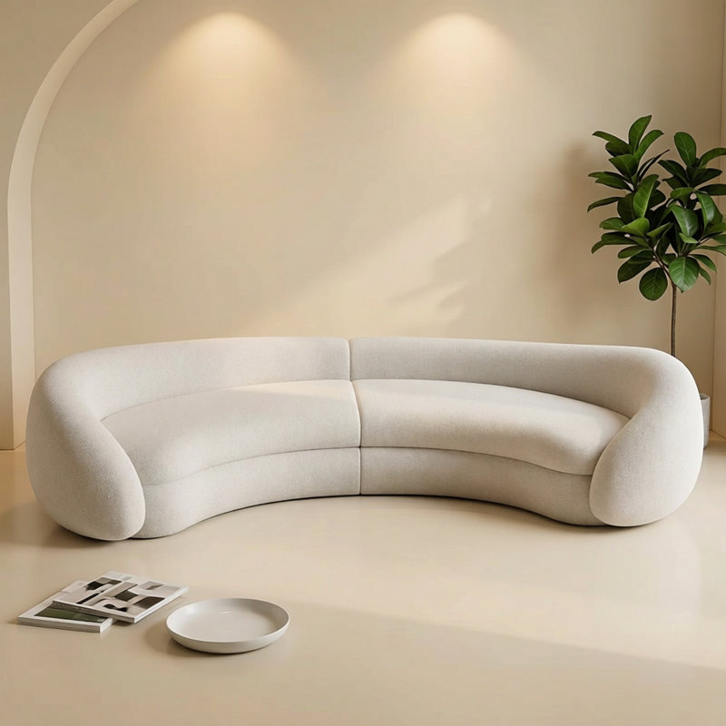 Modern Curved Sectional Sofa, Beige Boucle Upholstered, C-shaped Design, 125'' Living Room  Furniture Couch , White