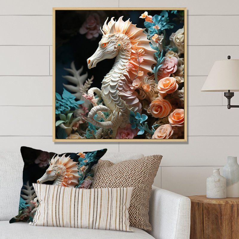Hippocampe avec sanctuaire de fleurs - impression, H 24 po x l 24 po x P 1 po, Cadre naturel flottant