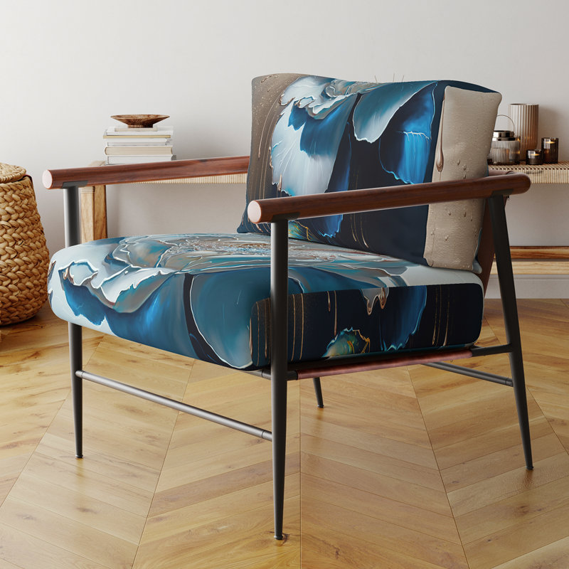 Vibrant Blue Camellia Flower II - Chaise rembourrée avec accents floraux, Noir