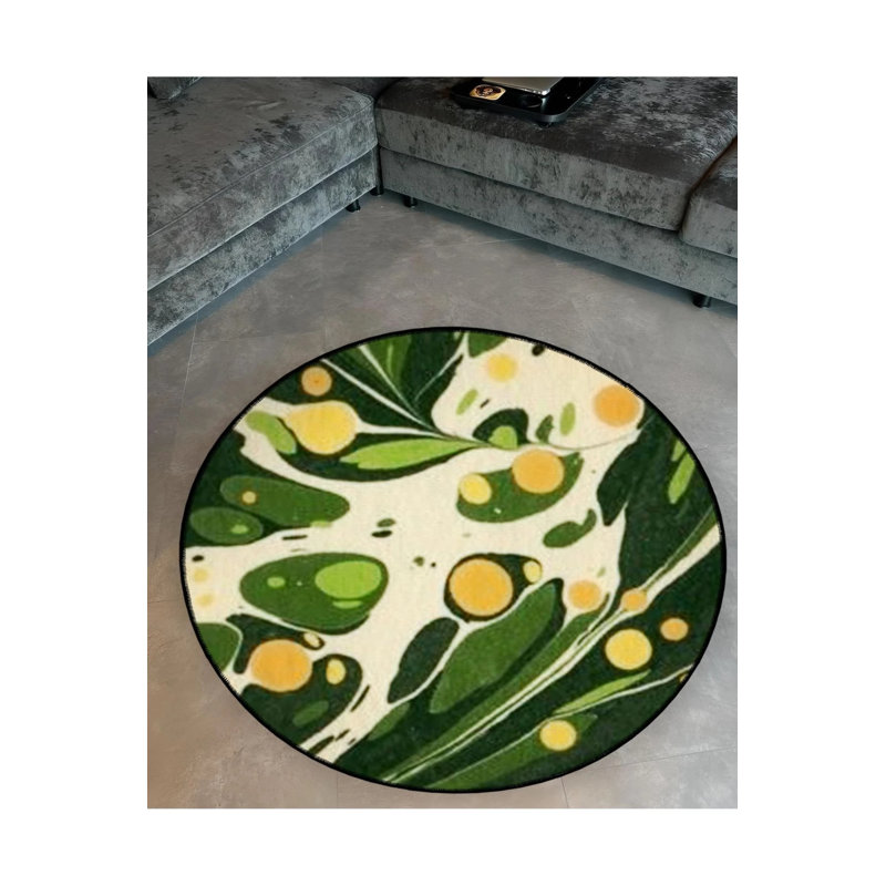 Green Abstract Marbling Patterned Round Woven Base Modern Decorative Carpet, Round 4'