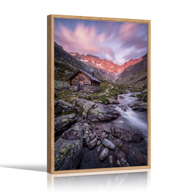 Toile en bois dans une vallée rocheuse au coucher du soleil rose, H 48 po x l 32 po