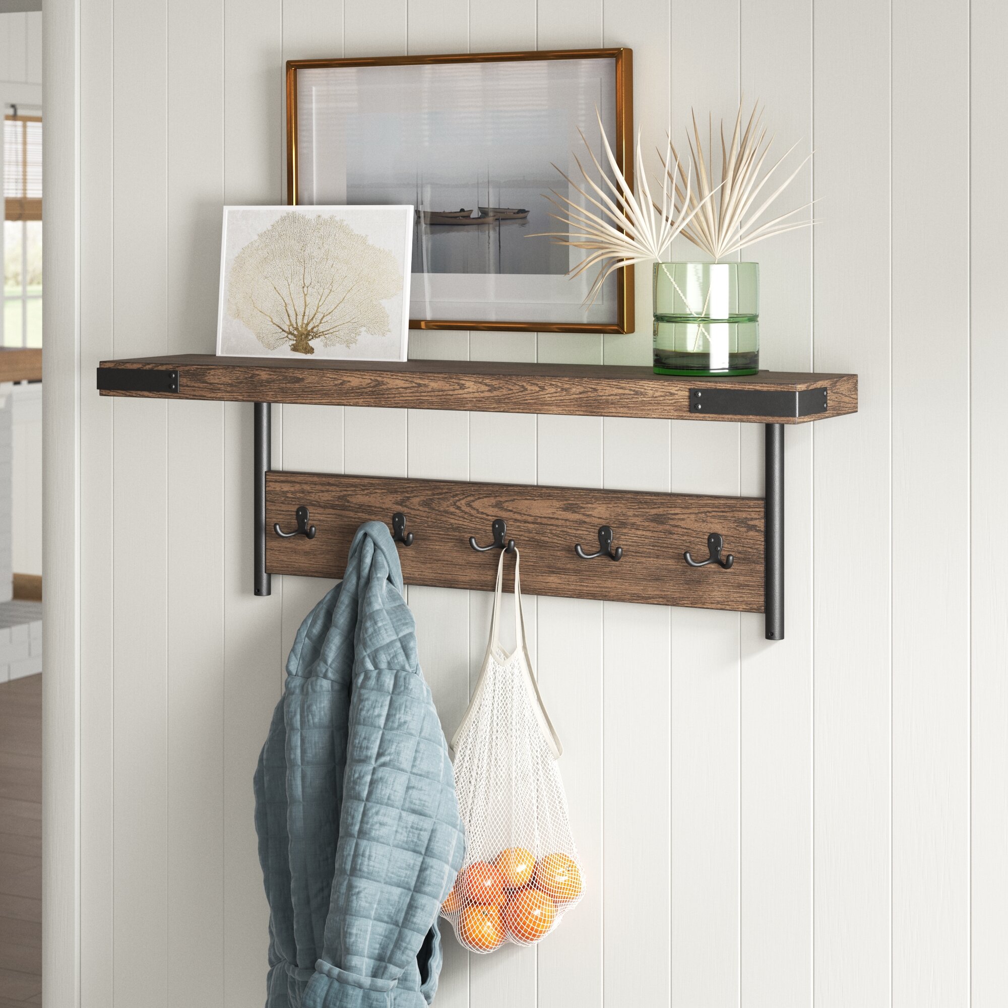 Coat Rack Wall Mounted Long,5 Tri Hooks Compatible With Hanging