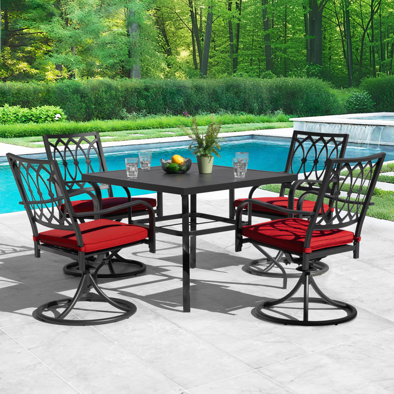 5-piece Outdoor Dining Set With Umbrella Hole And 4 Swivel Chairs, 28.5" H x 37" W x 37" D, 5 Pieces: Table, 4 Chairs