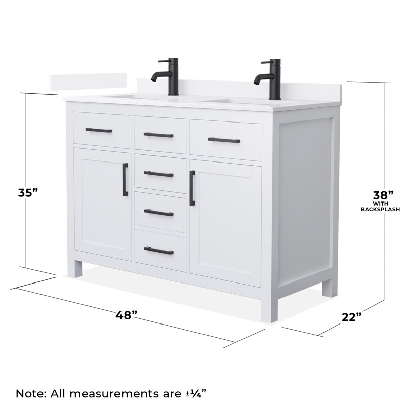 Beckett 48" Freestanding Double Bathroom Vanity with Quartz Top, White, Matte Black, White Quartz