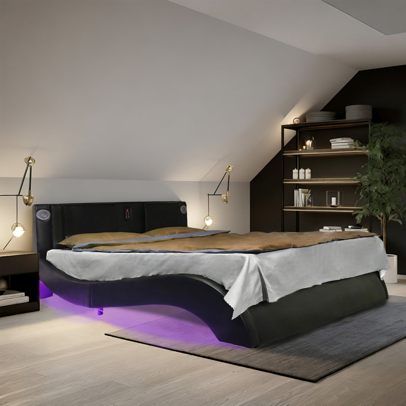 Structure de lit pour grand lit avec similicuir, éclairage à DEL, commande de la musique et fonction de massage, Noir