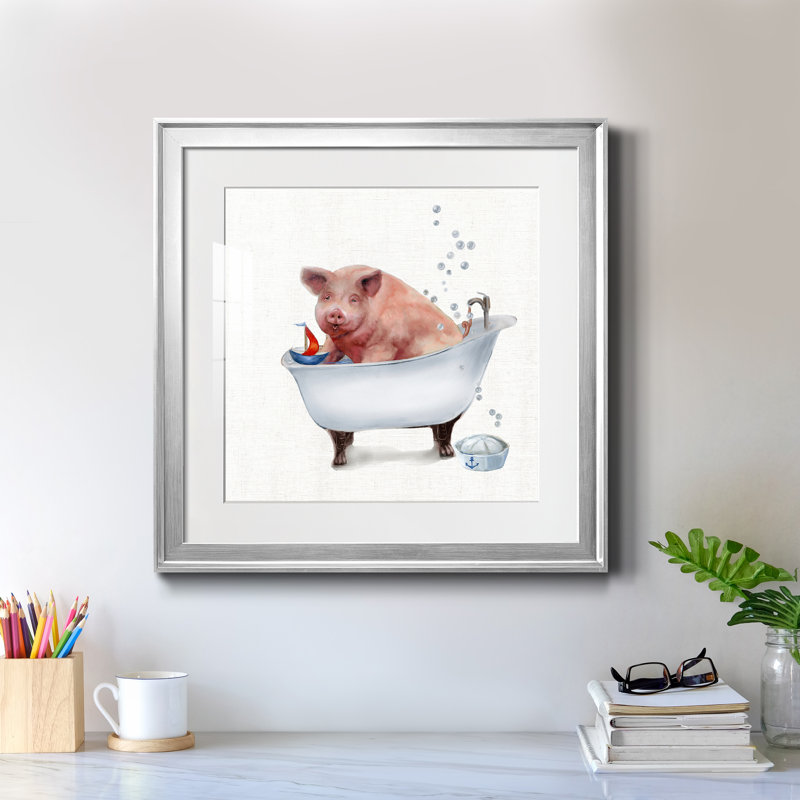 «Farm Tub Pig» - peinture encadrée, H 22,5 po x l 22,5 po x P 1,5 po, Encadrement argenté