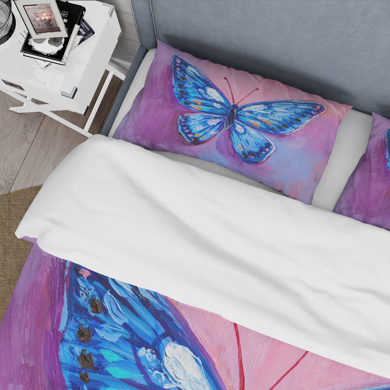 Ensemble de housse de couette Modern Blue Butterfly I - polyester microfibre, Housse de couette pour très grand lit et 2 très