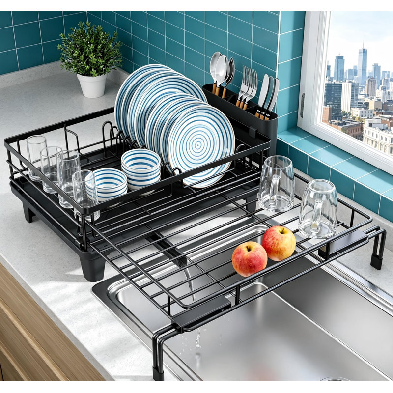 Grand égouttoir à vaisselle extensible antirouille pour comptoir de cuisine avec porte-ustensiles, 15"D x 20.5"W x 7.1"H