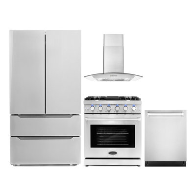 4 Piece Kitchen Package with 30"" Freestanding Gas Range  30"" Wall Mount Range Hood 24"" Built-in Fully Integrated Dishwasher & French Door Refrigerator -  Cosmo, COS-4PKG-125